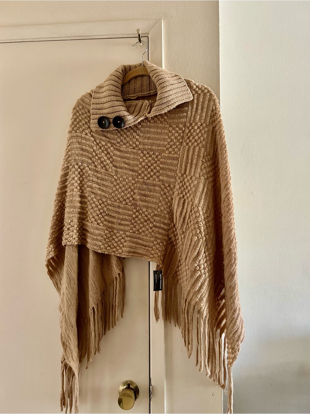 Cozy Fringe Poncho Sweater - Tan